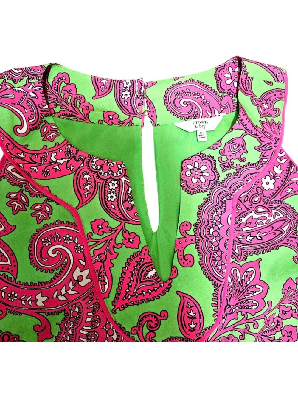 Crown & Ivy XL Sleeveless Green Dress With Pink Paisley Print & Keyhole Neckline - Picture 5 of 12